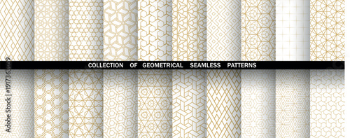 Geometric set of seamless golden and white patterns. Simple vector graphics