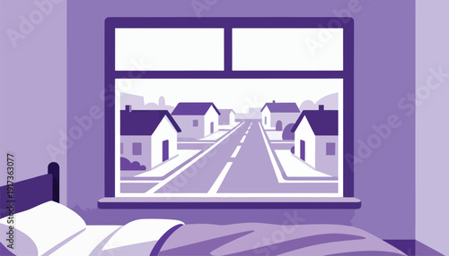 View from bedroom window showing quiet suburban street with houses