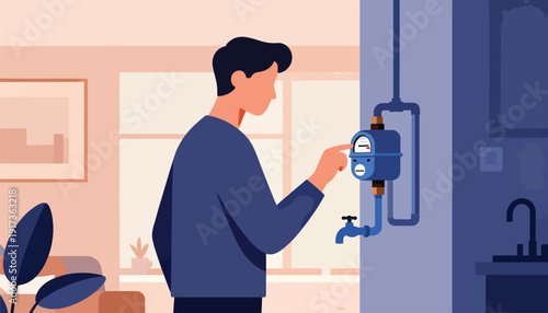 Person checks water meter and knob on pipe in a home