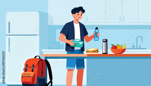 Young person preparing a lunchbox with a sandwich and water bottle