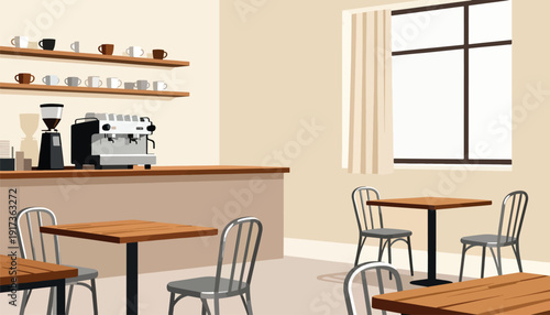 Cozy cafe interior with coffee machine, cups, and seating