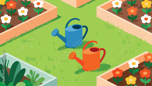 Two watering cans rest in a garden with raised flower beds and plants