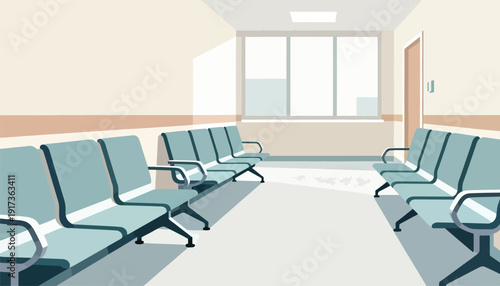 A modern, sterile waiting area with rows of teal chairs and a large window