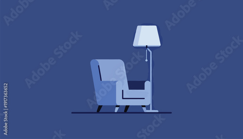 Minimalist blue armchair and floor lamp against a dark blue backdrop
