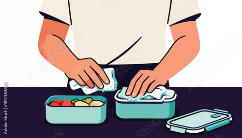 Hands clean lunch containers with soapy sponges, preparing meals
