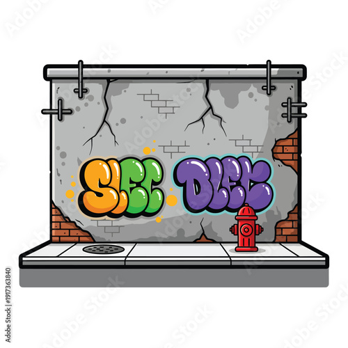 Vibrant graffiti artwork adorns a cracked concrete wall with a fire hydrant on city street