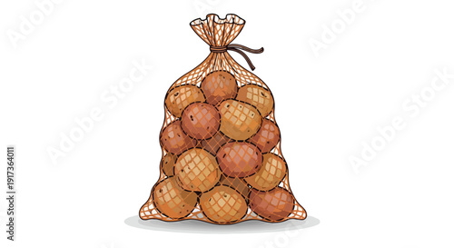 A net bag filled with several brown potatoes on a plain white background, with a tied top.