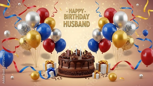 Happy Birthday Husband Celebration with Chocolate Cake and Balloons