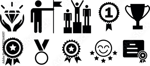 Collection of achievement and award icons in black and white