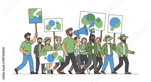 A diverse group of climate activists marching with signs and megaphone in a documentary-style illustration with a strong call to action.