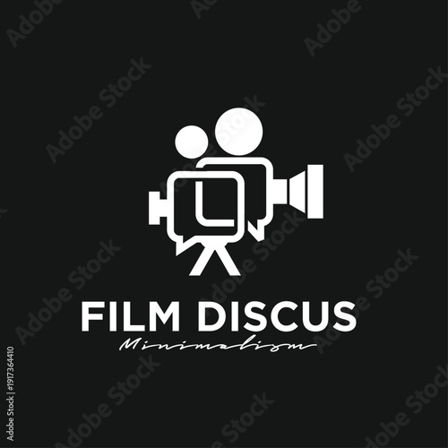 Film Discus Logo with Camera and Speech Bubbles, Minimalist Vector Icon on Dark Background