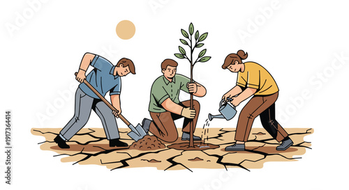 Illustration of three people engaging in climate activism by planting a tree on dry, cracked earth with a sunny background, representing environmental conservation and sustainability efforts in a