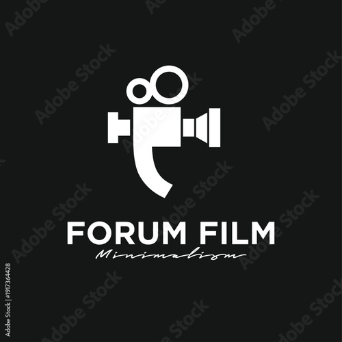 White Minimalist Film Camera Logo Icon for Forum Film. Simple Cinema or Video Production Symbol on Black Background.