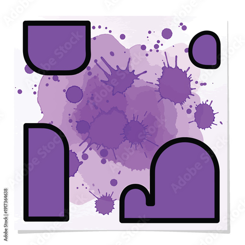 Abstract illustration of virus cells and splatters in purple tones, graphic shapes and rounded forms, viewed from directly above