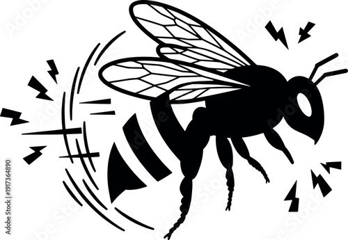 Black Silhouette Bee with Stinger and Wing Details on White Background