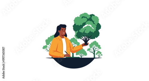 Illustration of a man in a yellow jacket holding a tree, symbolizing climate activism and environmental documentary efforts with a simple, flat design.