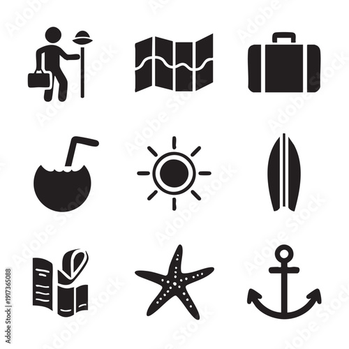 Minimalist summer beach line icon set featuring palm tree, waves and sand castle.