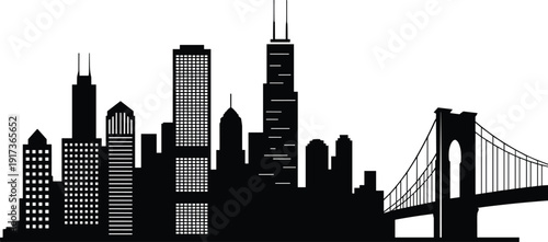 City skyline silhouette, suspension bridge architecture vector, metropolitan urban design, modern skyscraper illustration art, iconic infrastructure symbol, cad drawing flat vector illustration