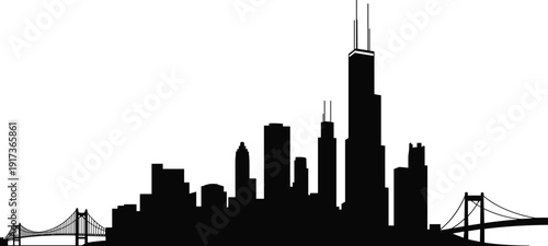 City skyline silhouette, suspension bridge vector, metropolitan architecture design, urban skyscraper art, modern building illustration, cad drawing flat vector illustration