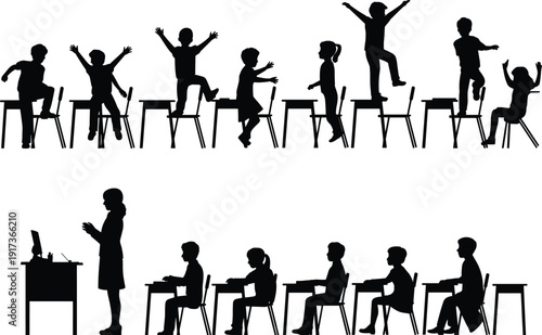 Classroom behavior silhouette, teacher with students vector, chaotic and orderly education scene, child discipline illustration art, cad drawing flat vector illustration