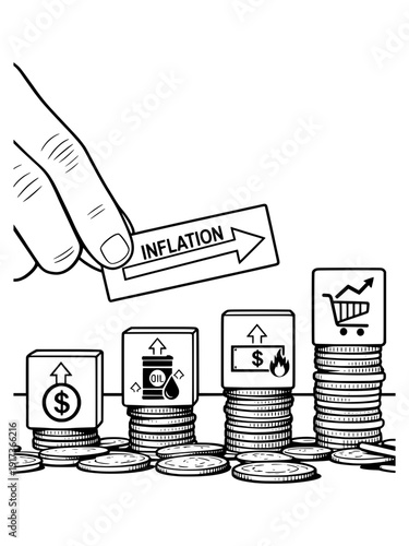 Line art of  Hand Holding Inflation Board as Doller, Oil, Goods Prices Going Up USA and Coins on the Table Floor