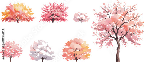 Stylized spring blossom tree collection with pink cherry sakura variations, hand drawn flowering trees isolated on white, romantic botanical illustration for seasonal design and nature themed projects