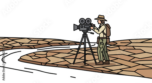 A documentary filmmaker operates a large video camera on a rocky terrain beside a winding river, capturing footage for a climate change project.