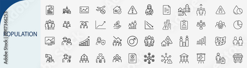 Population and demographics icons set, outline symbols for census data analysis society community human resources and urban growth vector illustration