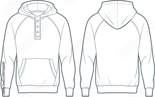Unisex pullover hoodie technical fashion illustration with front and back views, kangaroo pocket and button placket detail, flat apparel template isolated