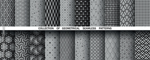 Geometric set of seamless black and gray patterns. Simple vector graphics