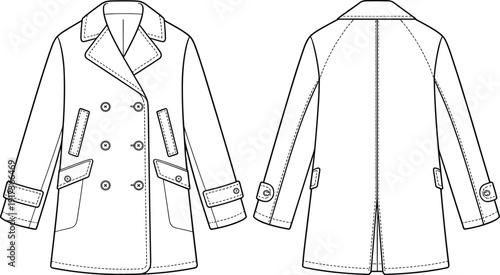 Women double breasted trench coat technical fashion illustration, front and back views with pocket and cuff details, flat apparel template isolated on white