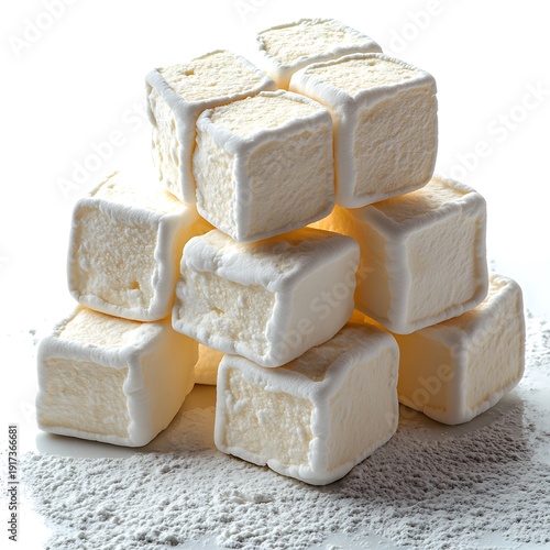 Tower of Creamy photo White Ice Cream Cubes on Powdered Surface frozen
