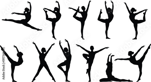 Ballet dancer silhouettes vector set showing elegant dance poses, stretching and balance positions, classical ballet movements, graceful female dancer icons, editable black vector illustration pack