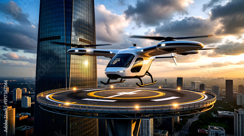 eVTOL air taxi landing at skyscraper vertiport