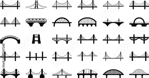 Bridge silhouette icon collection featuring suspension, arch, truss structures, city skyline infrastructure symbols, black vector set