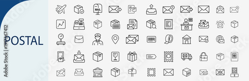 Postal and mail delivery icons set, outline symbols for shipping service courier logistics envelope package and express post vector illustration