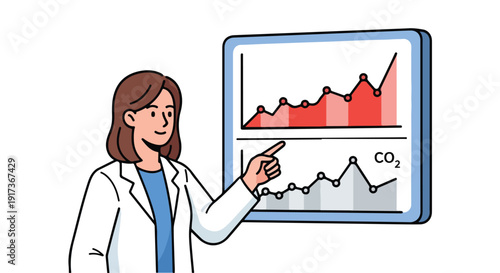 A woman in a lab coat presents a climate change graph on a screen with a documentary style, conveying an activism mood.