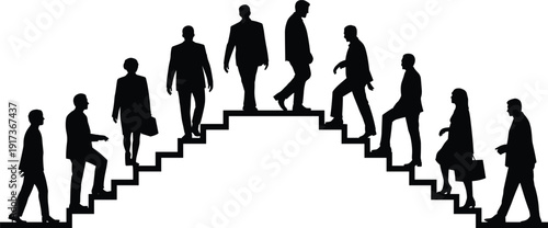 Business people silhouette climbing stairs together, career growth, leadership progression and professional development concept, teamwork and success journey isolated on white background