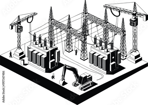 Electrical substation construction, power transmission towers vector, industrial energy infrastructure design, workers with cranes art, cad drawing flat vector illustration