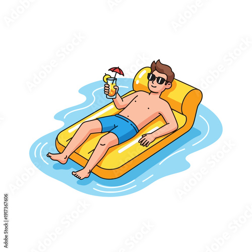 Man Relaxing on Inflatable Mattress in Pool with Cocktail, Summer Vacation