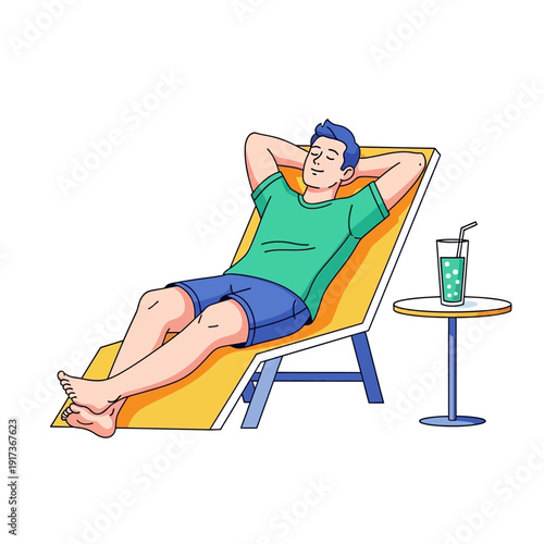 Man relaxing on lounge chair with drink, enjoying summer vacation and leisure time