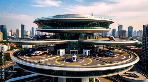 eVTOL air taxi at a modern city vertiport hub