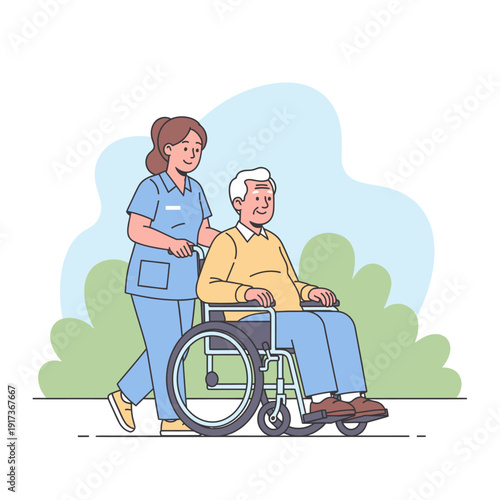 Nurse pushing elderly man in wheelchair outdoors, healthcare and assistance concept