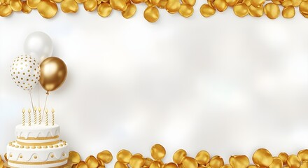 A white and gold birthday cake with balloons and golden confetti on a light background.