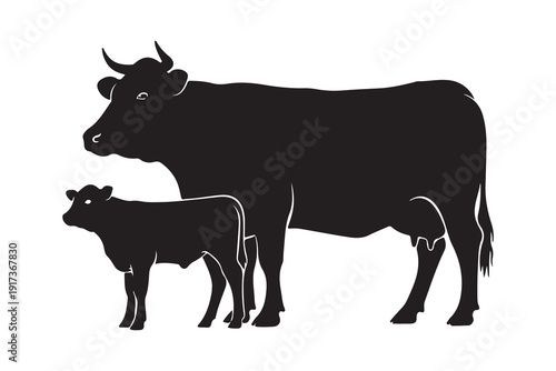 Black silhouettes of cows and a calf vector art isolated on white background