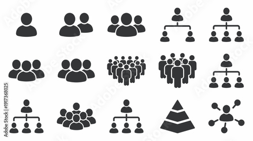 Collection of professional black human icons representing organizational hierarchy and team structures, concept for human resources management, business organizational structure and leadership
