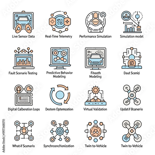 Digital Twin Technology Icons and Symbols.