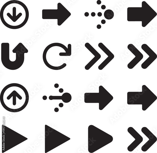 A collection of diverse black arrow symbols representing various directions and user interface actions
