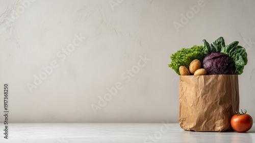 A brown paper shopping bag, filled to the top with varieties of fruit, on a light wood surface. Isolated on a turquoise blue background.
