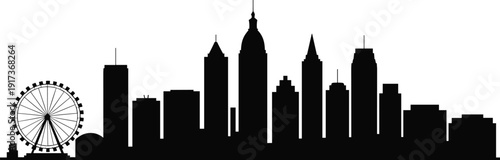 City skyline silhouette vector featuring modern skyscrapers and ferris wheel landmark, urban panorama skyline illustration, black cityscape design set